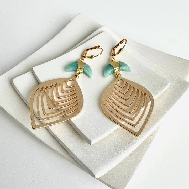 Amazonite Crescent and Leaf Dangle Earrings in Brushed Gold