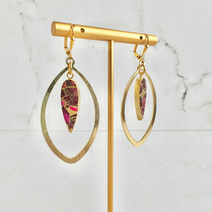 Fuchsia Mojave Marquise Dangle Earrings in Brushed Gold