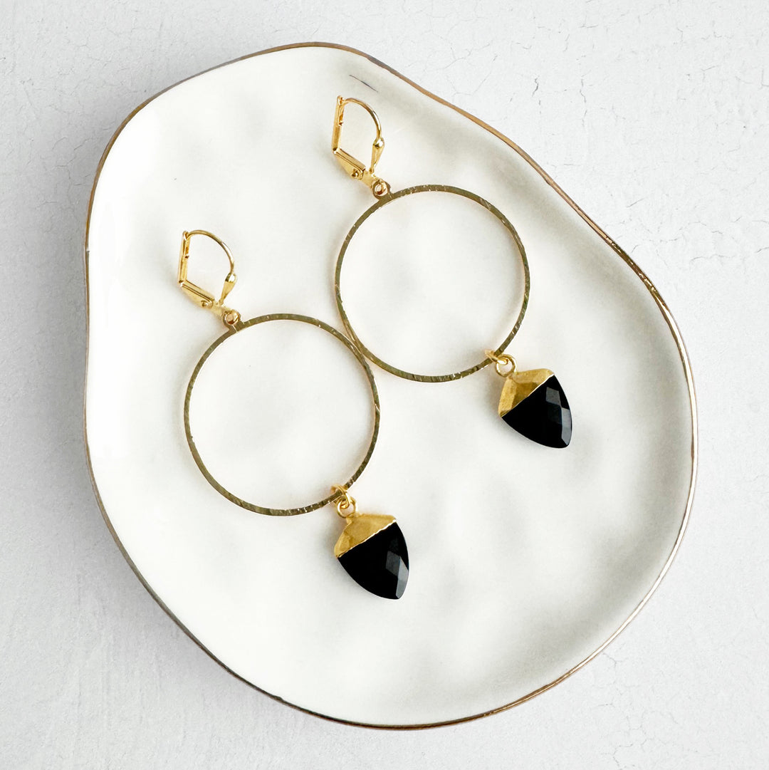 Black Onyx Hoop Dangle Earrings in Brushed Gold