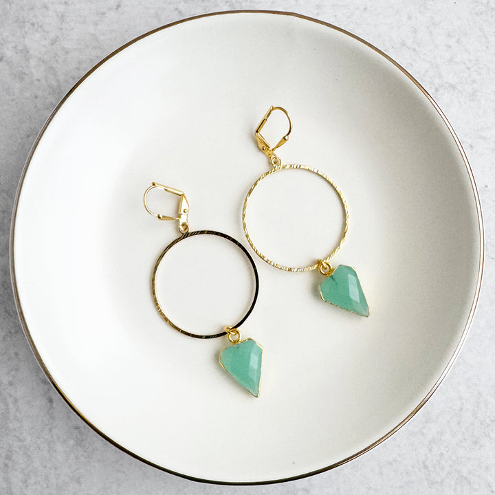 Aqua Chalcedony Shield Hoop Dangle Earrings