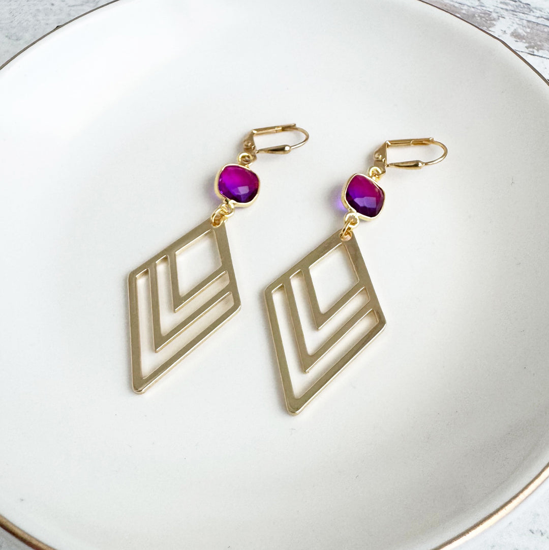 Pink Purple Aura Quartz and Layered Triangle Statement Earrings