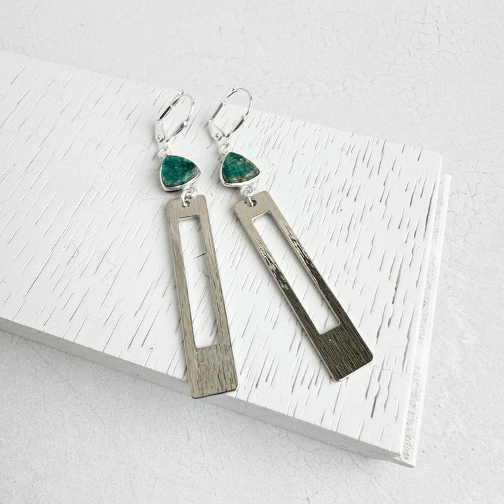 Green Mojave Rectangle Earrings in Brushed Silver
