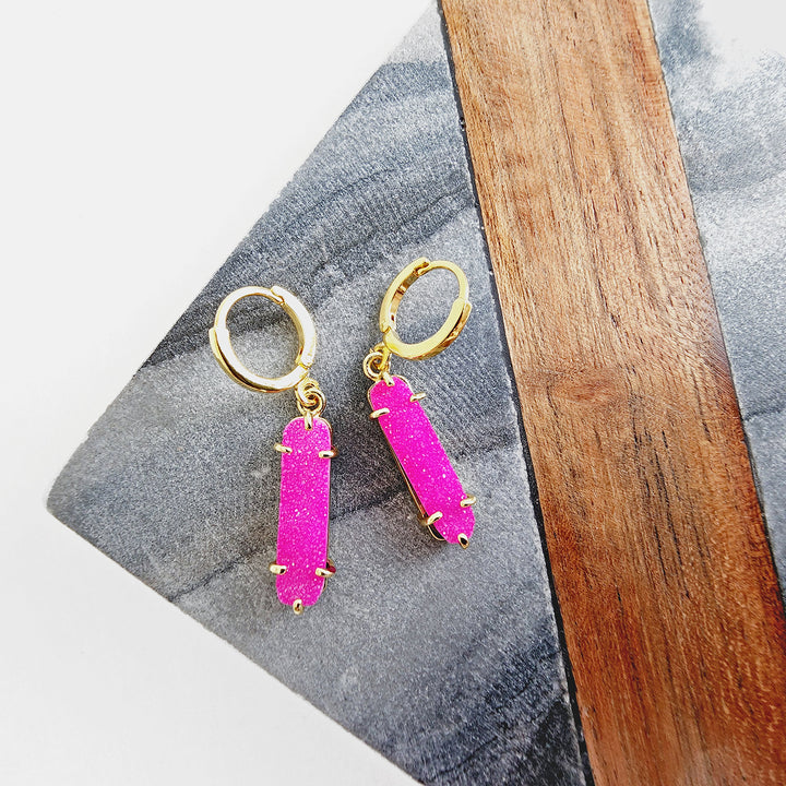 Pink Druzy Point Hoop Earrings in Gold