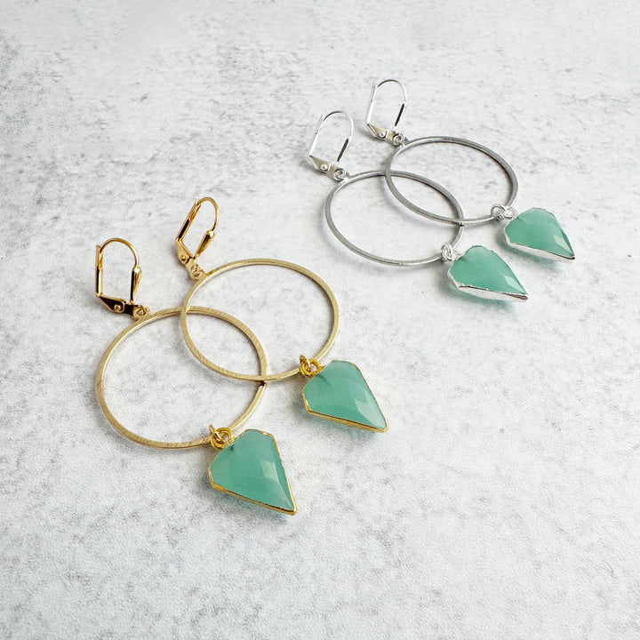 Aqua Chalcedony Shield Hoop Dangle Earrings
