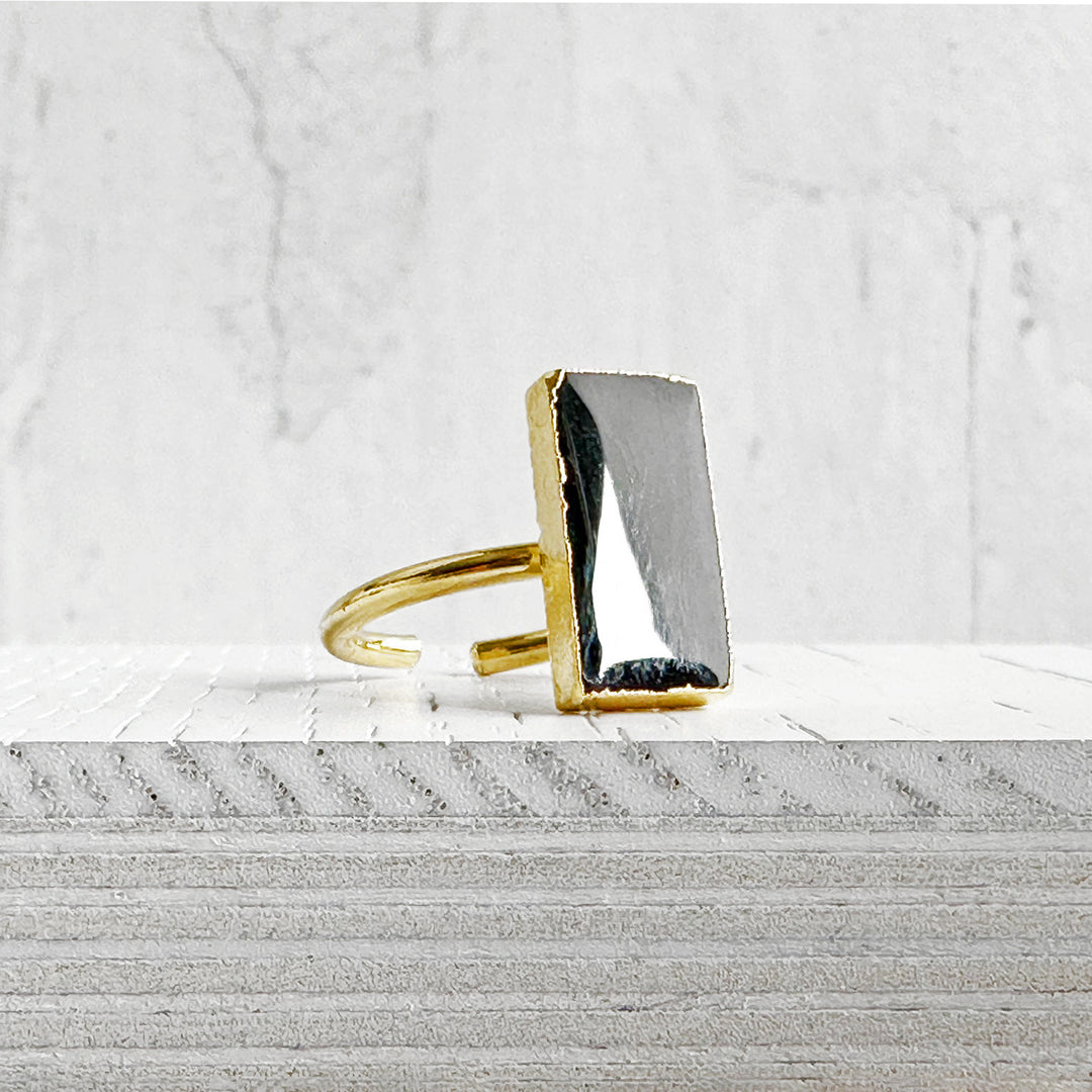 Small Black Onyx Rectangle Statement Ring in Gold