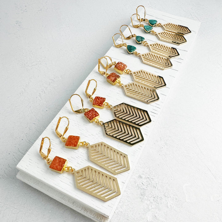 Orange Druzy Chevron Dangle Earrings in Gold