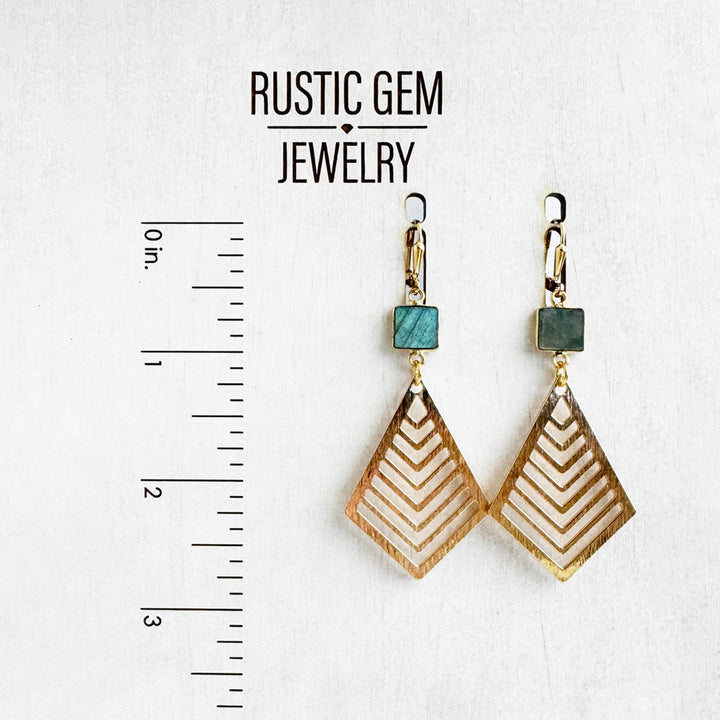 Labradorite Diamond Dangle Earrings in Brushed Gold