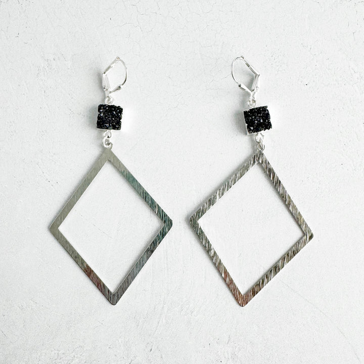 Diamond Pendant and Black Druzy Dangle Earrings in Brushed Gold