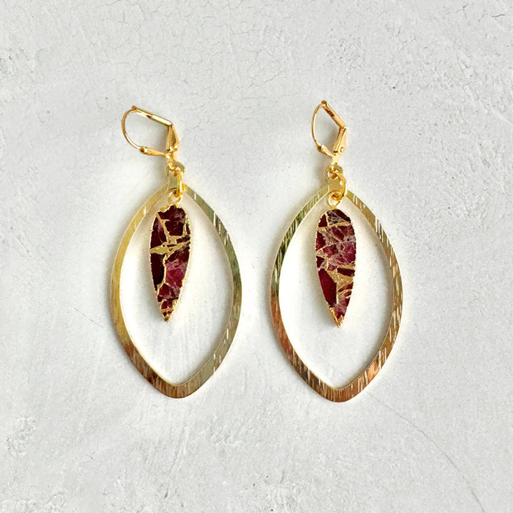 Fuchsia Mojave Marquise Dangle Earrings in Brushed Gold