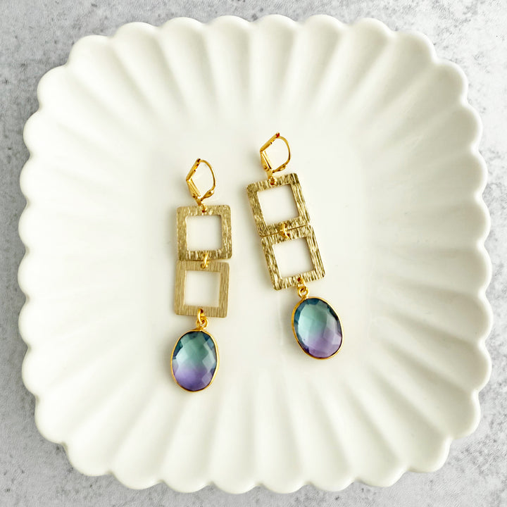 Purple Blue Aura Quartz and Square Dangle Earrings in Brushed Gold