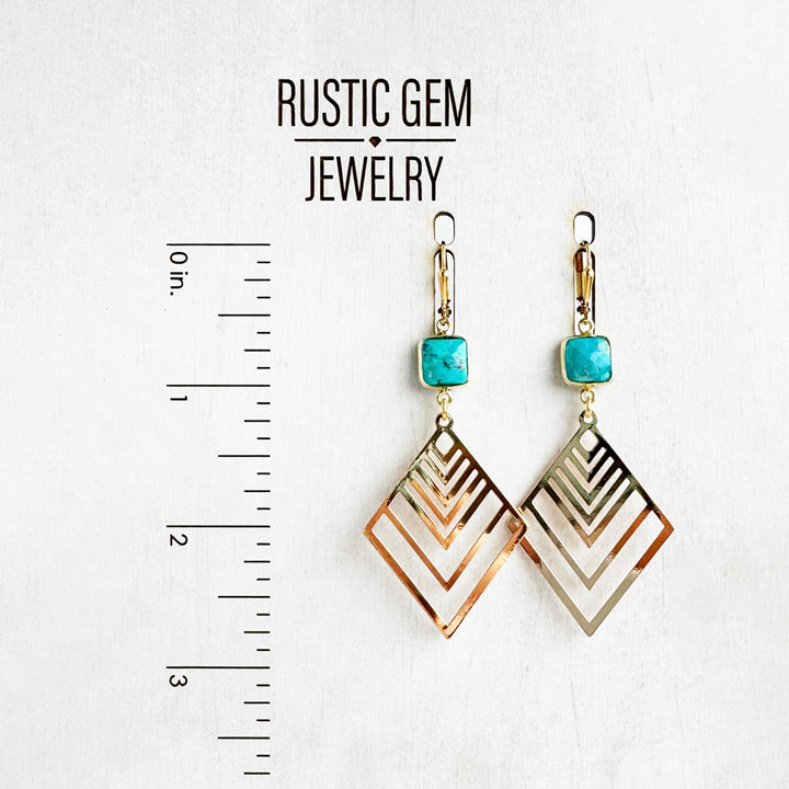 Turquoise Diamond Dangle Earrings in Brass Gold