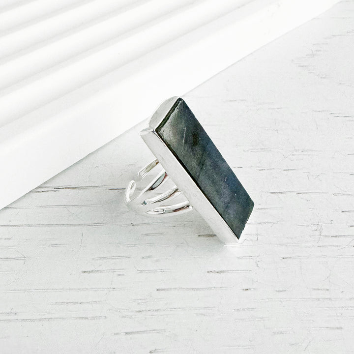 Large Labradorite Rectangle Bar Statement Ring in Gold and Silver