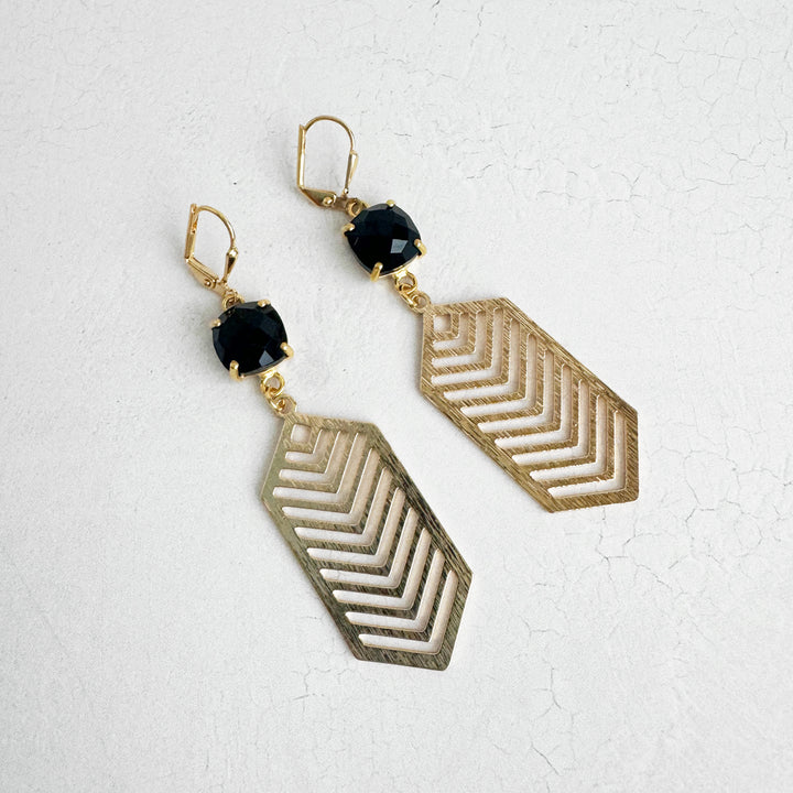 Black Onyx Prong Chevron Dangle Earrings in Brushed Gold