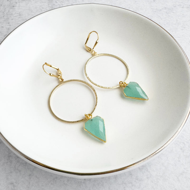 Aqua Chalcedony Shield Hoop Dangle Earrings