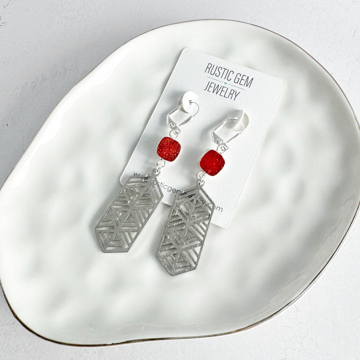 Elongated Hexagon and Orange Druzy Earrings in Brushed Gold or Silver