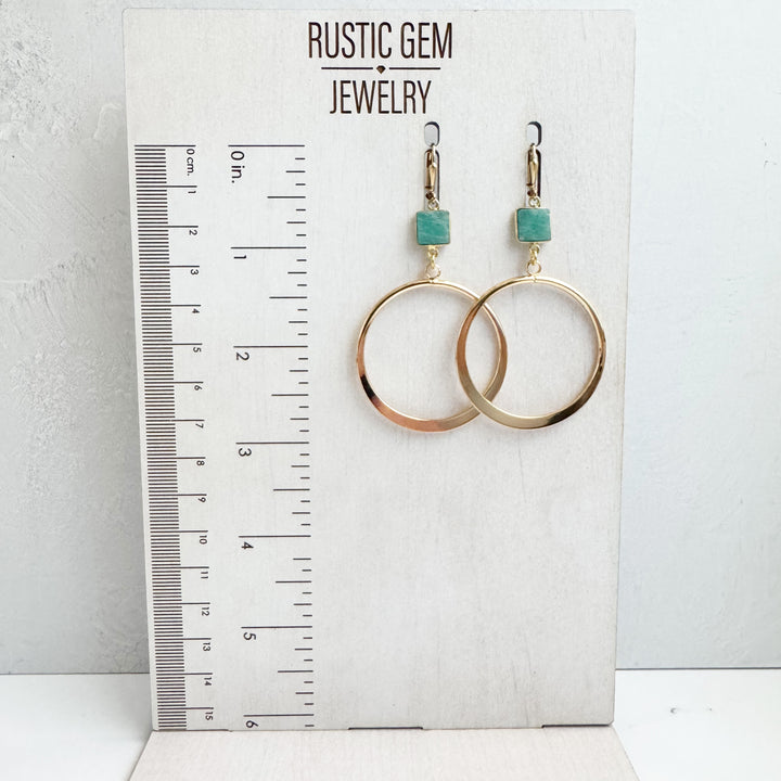 Amazonite Hoop Dangle Earrings in Gold. Statement Dangle Earrings. Gold Hoop Earrings