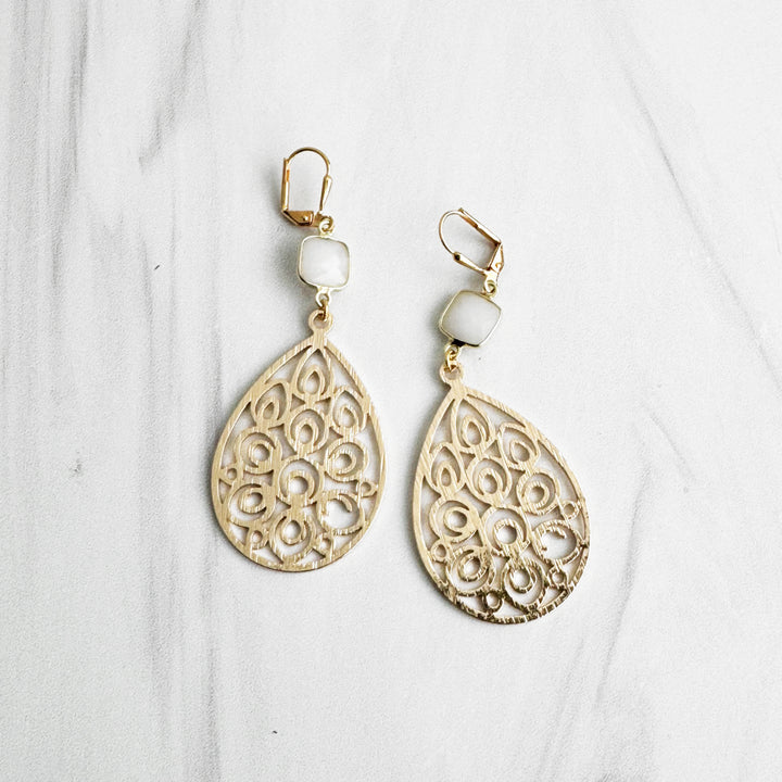 White Agate Teardrop Statement Earrings in Brushed Gol