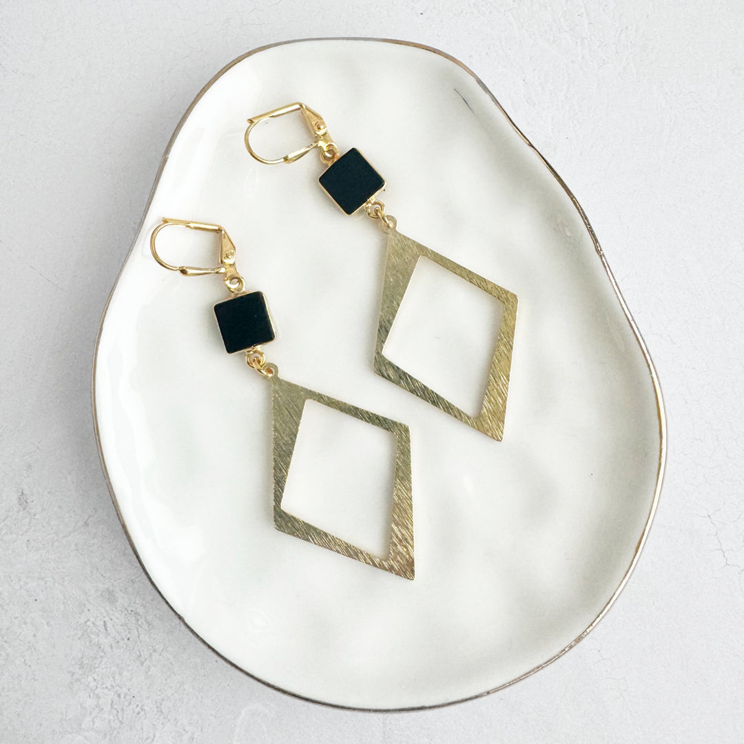 Black Onyx Diamond Pendant Earrings in Brushed Gold