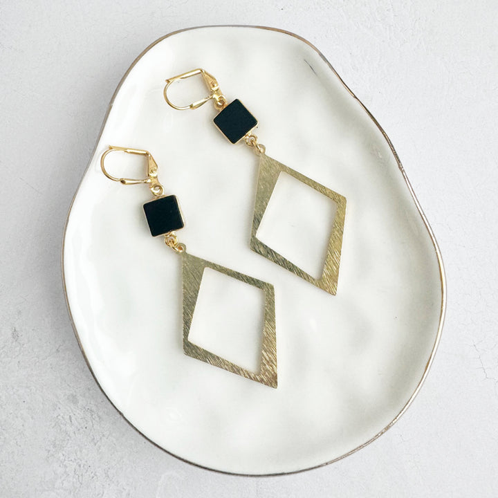 Black Onyx Diamond Pendant Earrings in Brushed Gold