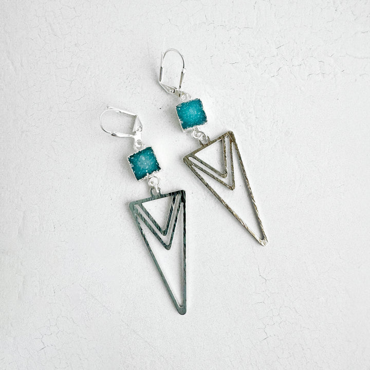 Layered Triangle Brushed Silver Earrings with Ocean Blue Druzy Stones