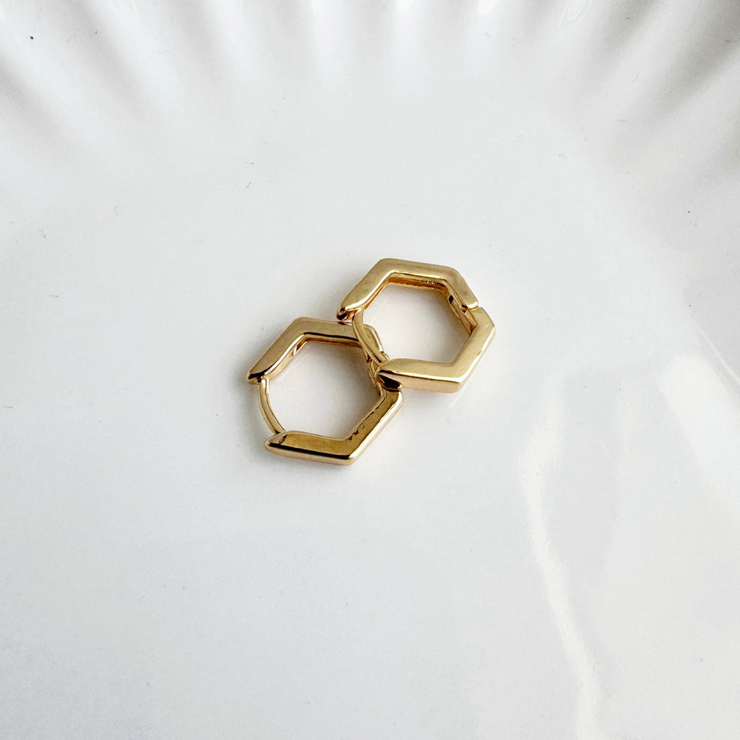Hexagon Huggie Earrings in 18k Gold