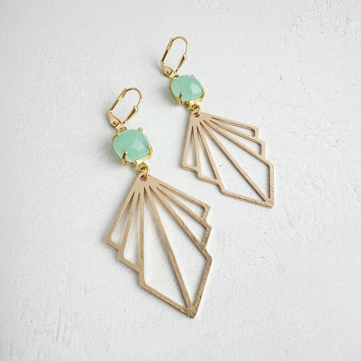 Aqua Chalcedony Prong Layered Fan Statement Earrings in Brushed Gold and Silver