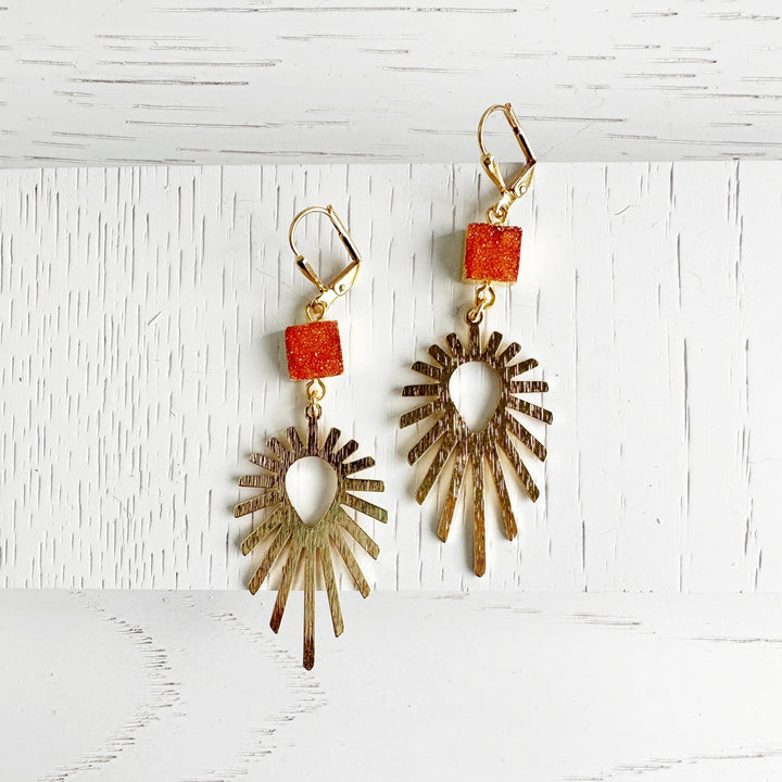 Orange Druzy Starburst Earrings in Brushed Gold
