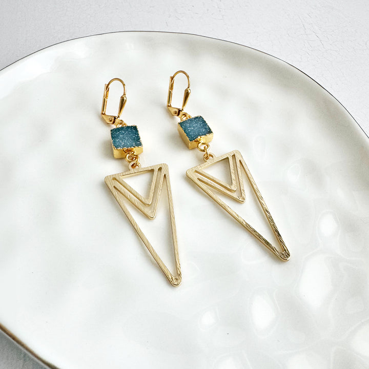 Layered Triangle Brushed Gold Earrings with Ocean Blue Druzy Stones