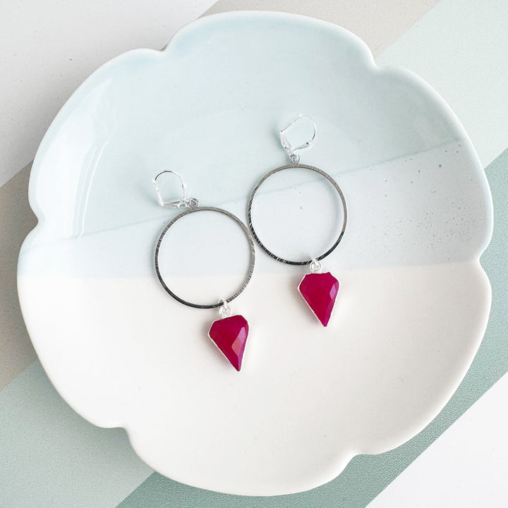 Fuchsia Chalcedony Shield Hoop Dangle Earrings