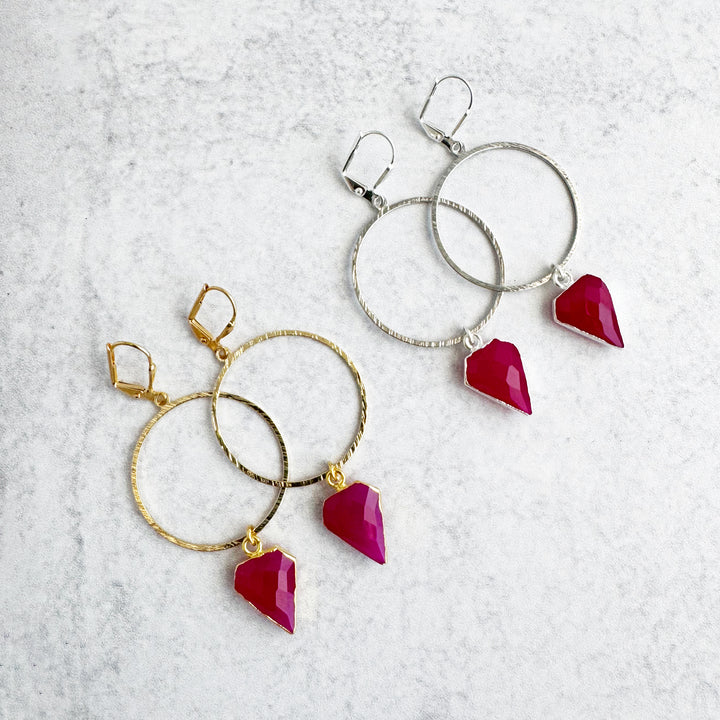 Fuchsia Chalcedony Shield Hoop Dangle Earrings