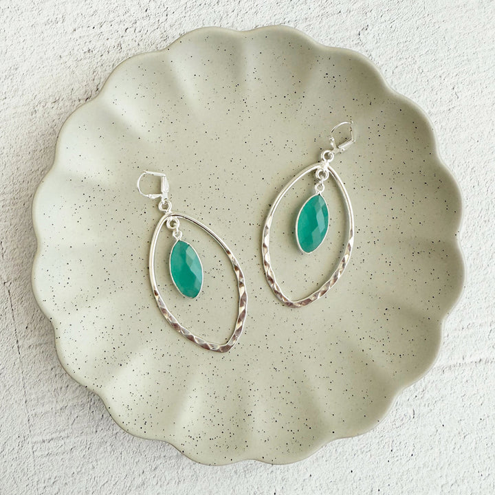 Aqua Chalcedony and Hammered Marquise Dangle Earrings in Silver