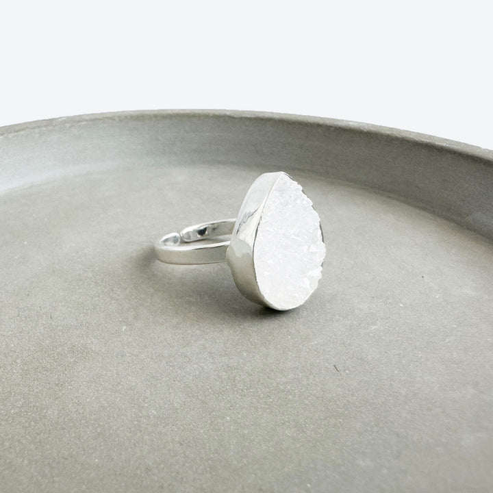 White Druzy Teardrop Ring in Silver