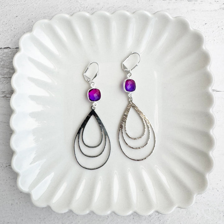 Pink Purple Aura Quartz and Multiple Teardrop Statement Earrings