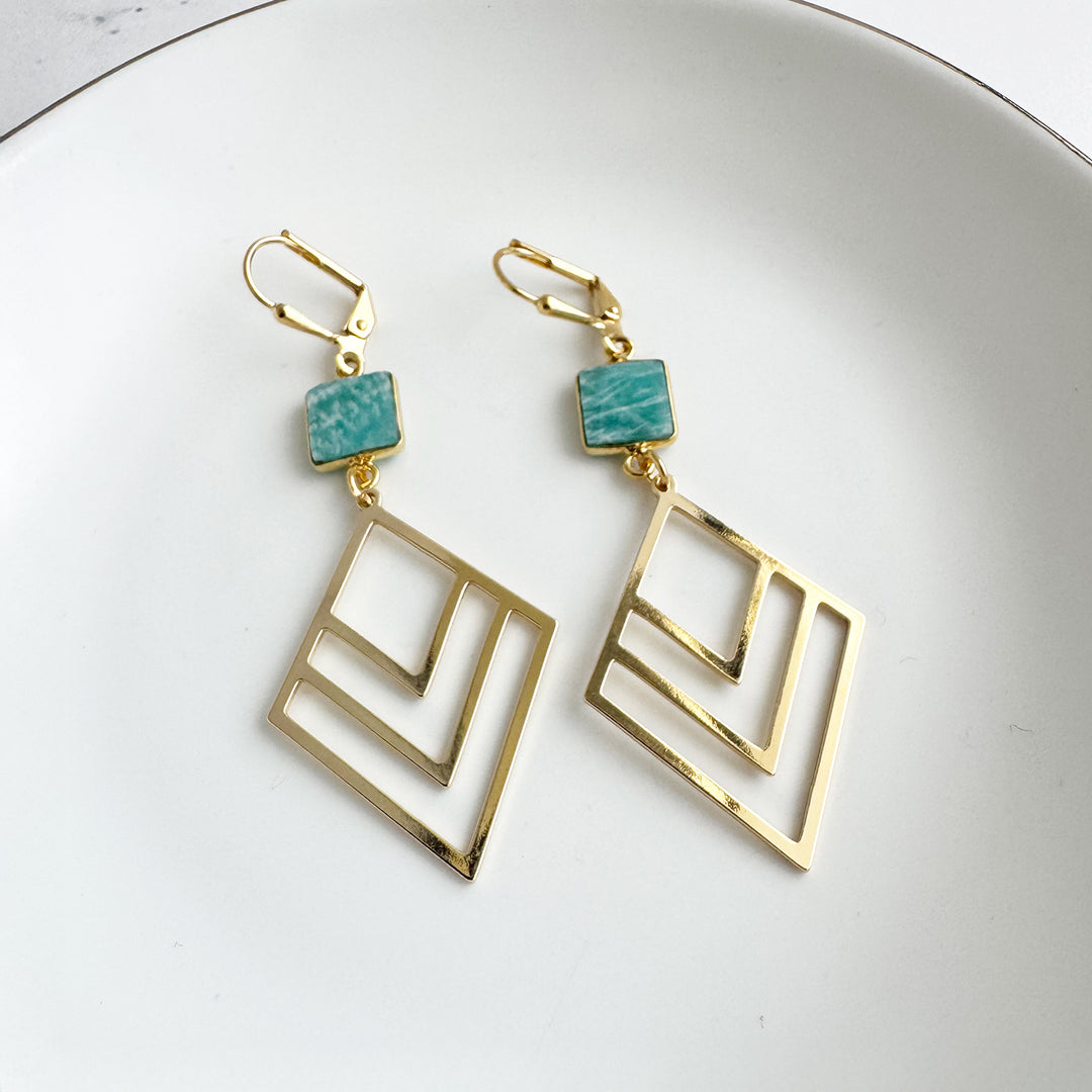 Amazonite and Layered Diamond Statement Earrings in Gold