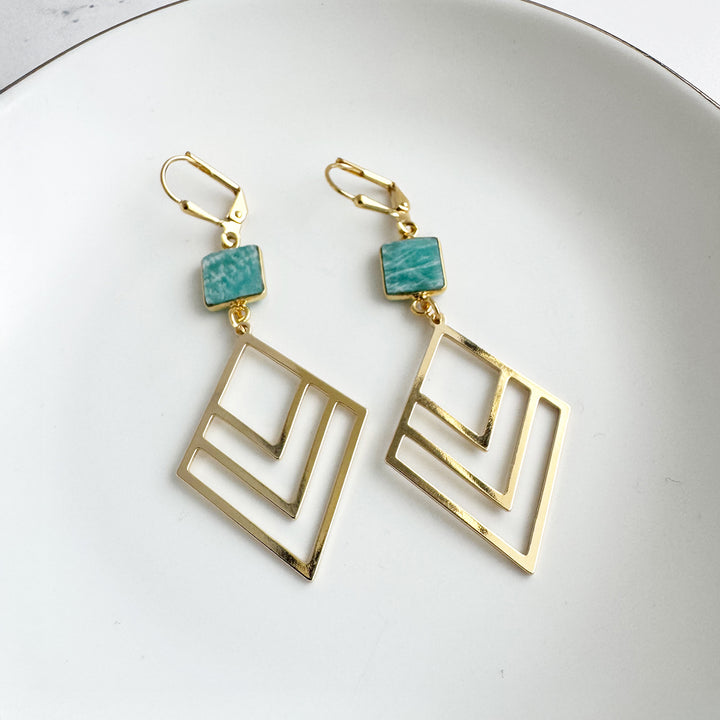 Amazonite and Layered Diamond Statement Earrings in Gold