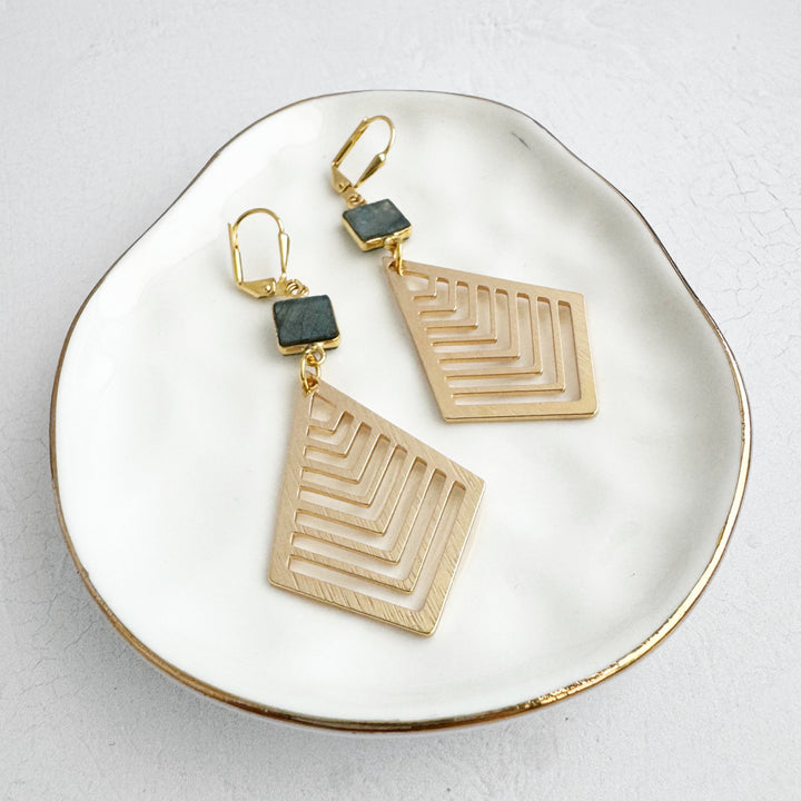 Labradorite Diamond Dangle Earrings in Brushed Gold