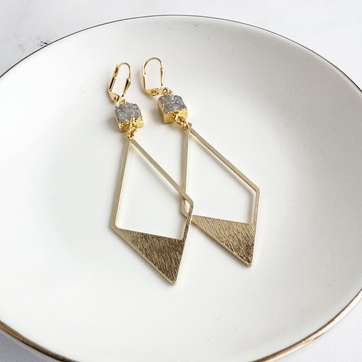Natural Druzy and Diamond Pendant Earrings in Brushed Gold