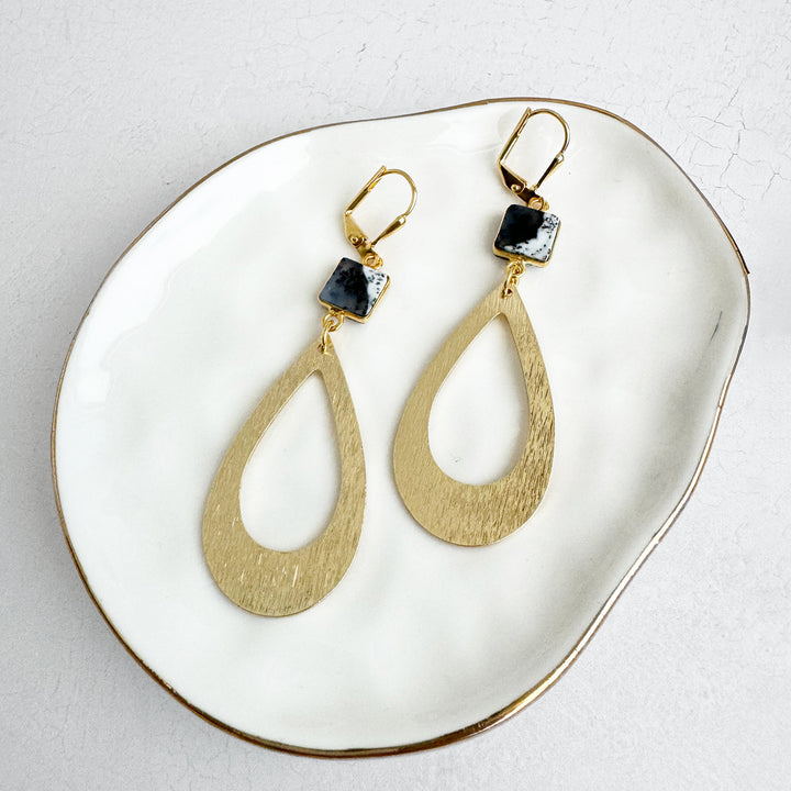 Dendrite Opal Teardrop Statement Earrings in Brushed Gold