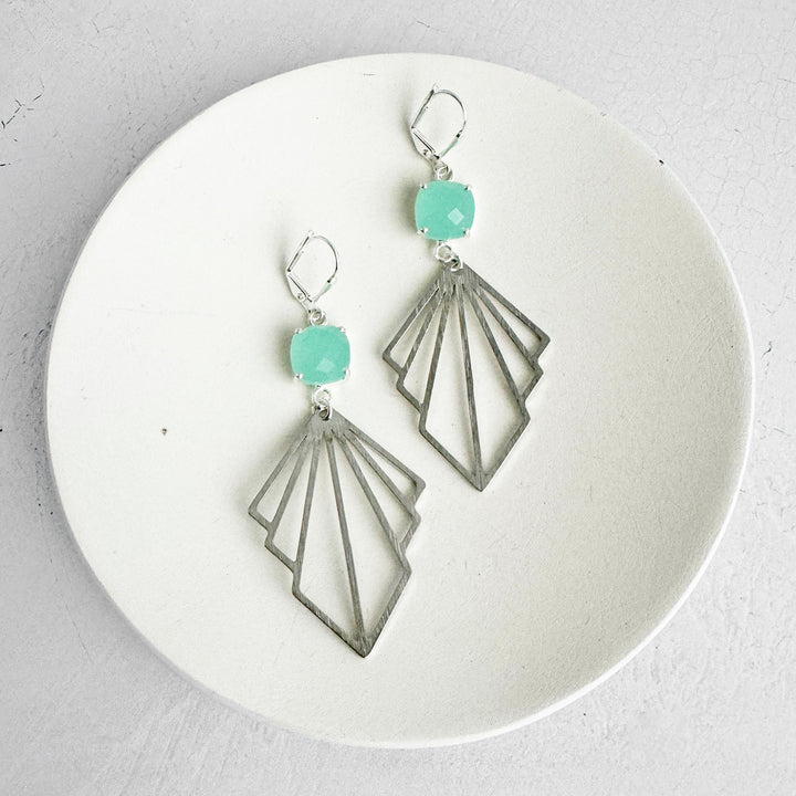 Aqua Chalcedony Prong Layered Fan Statement Earrings in Brushed Gold and Silver