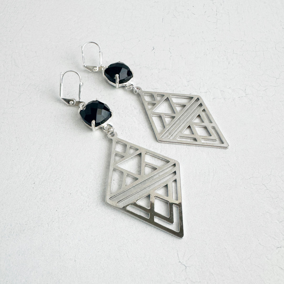 Black Onyx Geometric Diamond Earrings in Silver