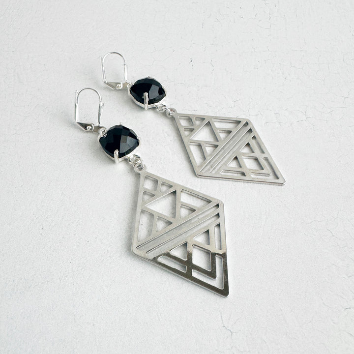 Black Onyx Geometric Diamond Earrings in Silver