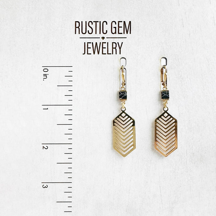 Black Howlite Chevron Dangle Earrings in Brushed Gold