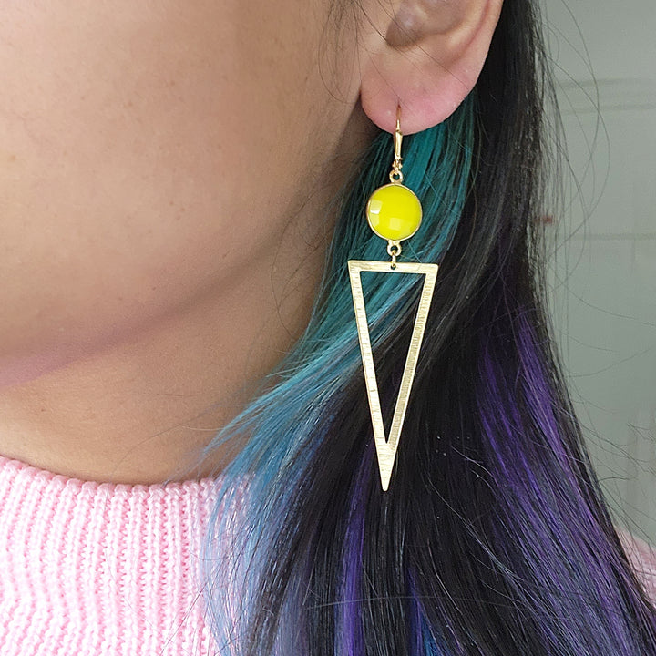 Yellow Agate Triangle Dangle Earrings in Brushed Gold