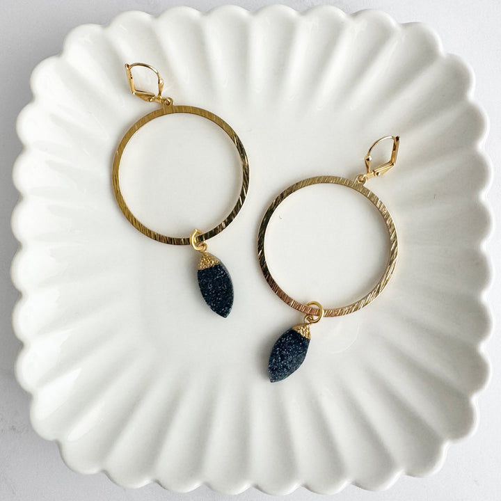 Black Druzy Hoop Earrings in Brushed Gold