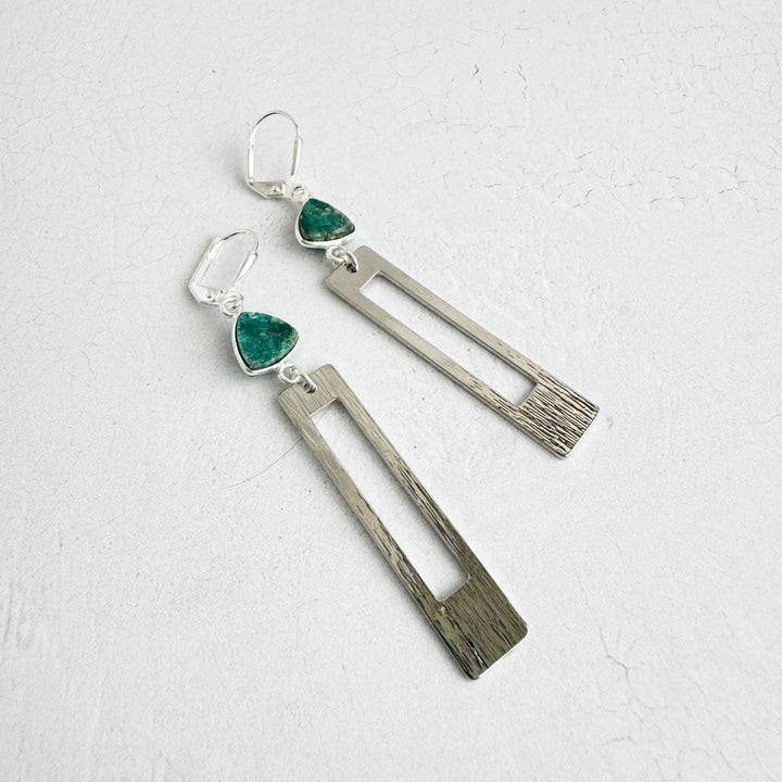 Green Mojave Rectangle Earrings in Brushed Silver