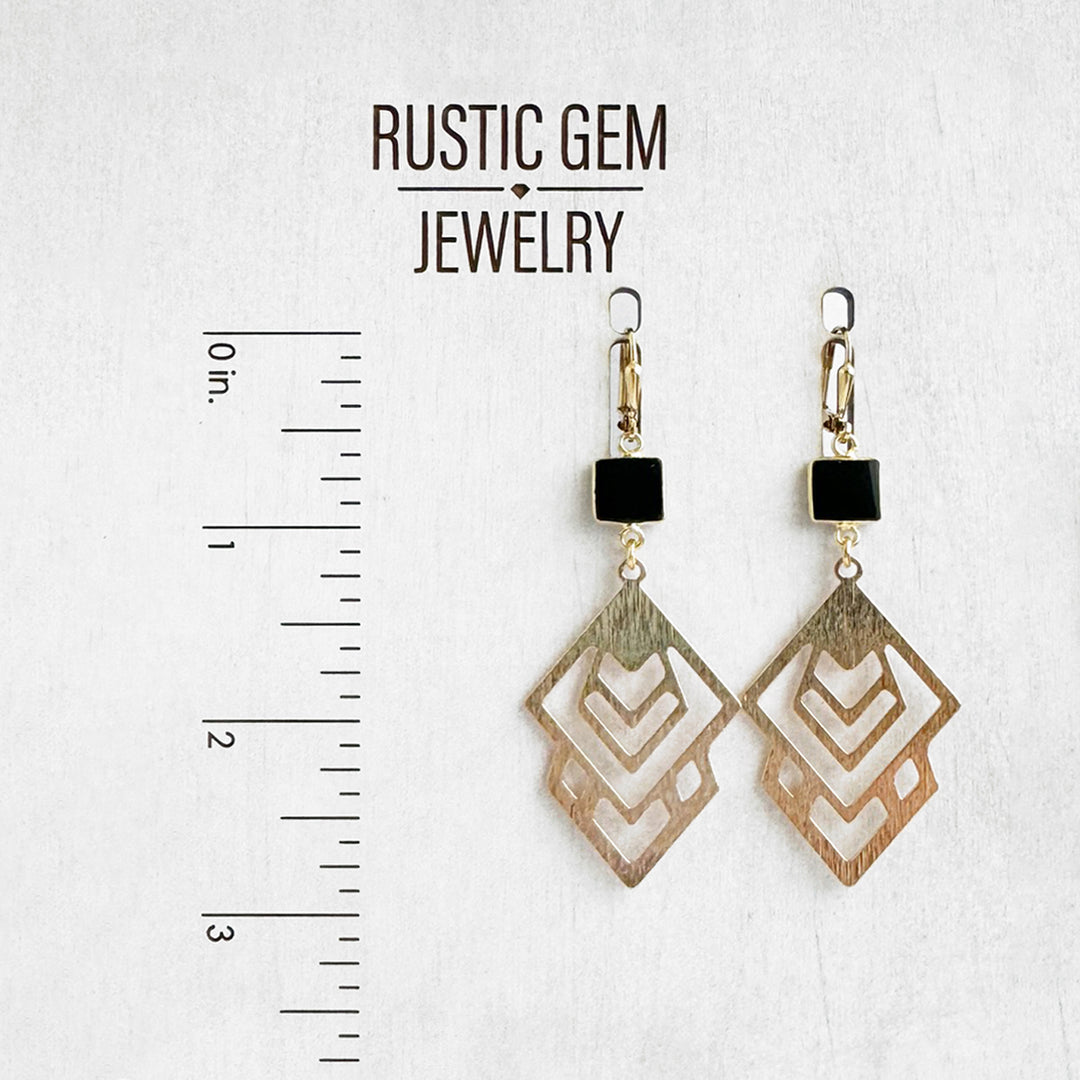 Black Onyx Celtic Earrings in Brushed Gold