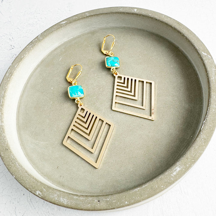 Turquoise Diamond Dangle Earrings in Brass Gold