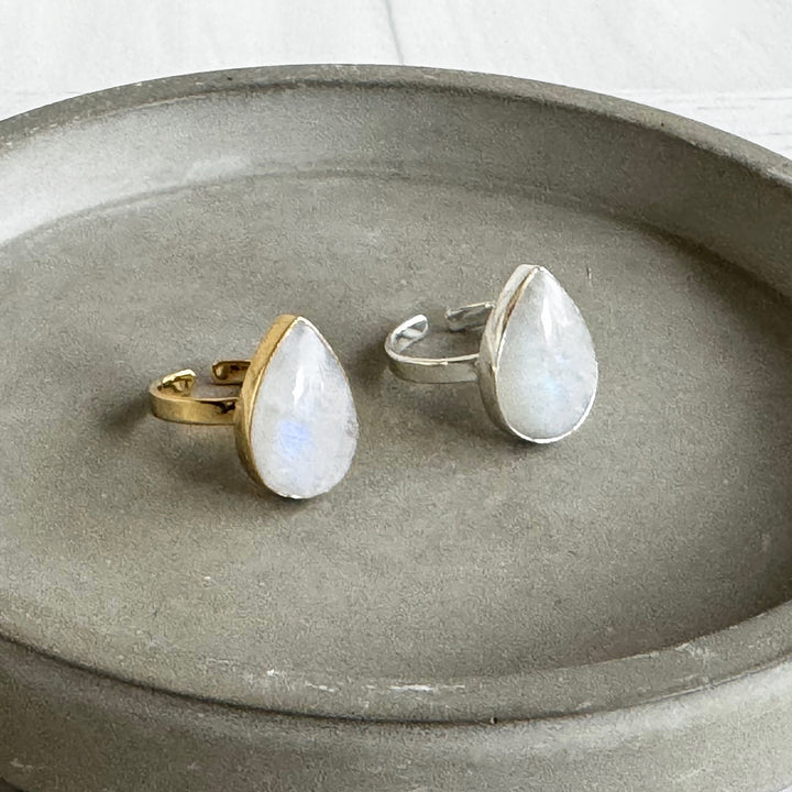 Rainbow Moonstone Teardrop Statement Ring in Gold and Silver