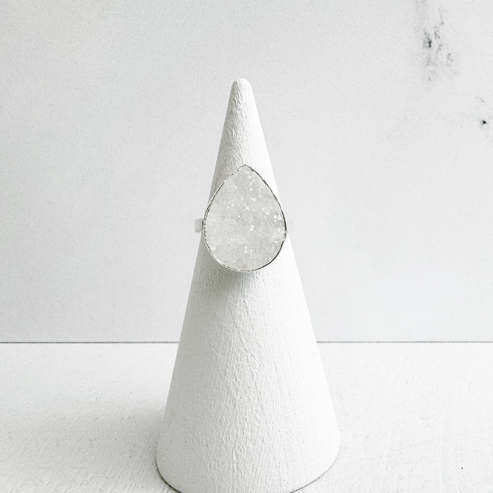 White Druzy Teardrop Ring in Silver
