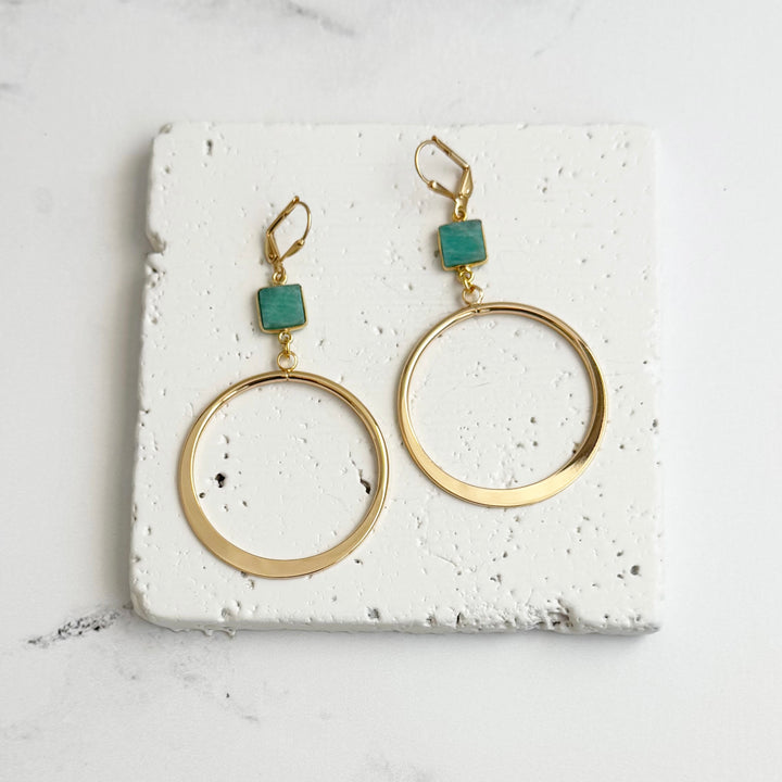 Amazonite Hoop Dangle Earrings in Gold. Statement Dangle Earrings. Gold Hoop Earrings